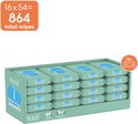 Doos met 16 pakken Naïf Water Wipes, elk met 54 doekjes. Totaal 864 doekjes. Doos is lichtgroen.