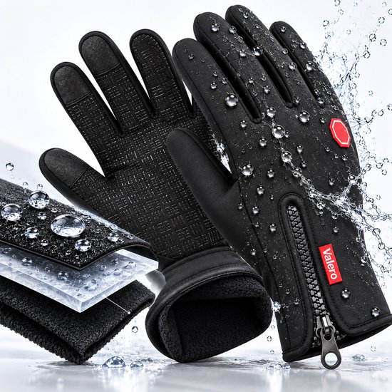 Waterdichte zwarte Valero-handschoenen met rits, getoond met waterdruppels en een gelaagde materiaalstructuur.