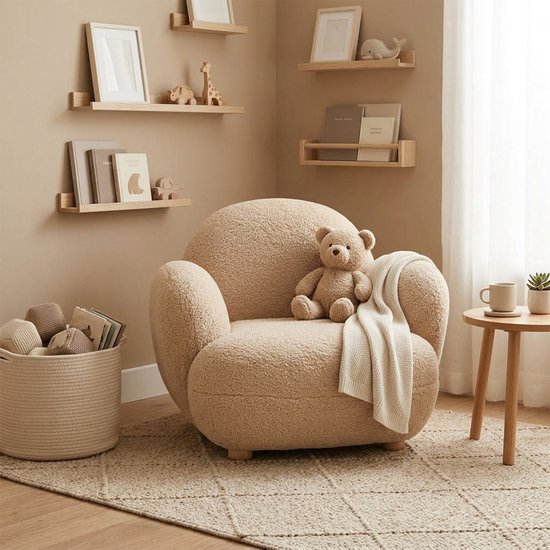 Sunny Bini Kinderfauteuil Teddy Beige – 55 x 66 x 54 cm – Kinderstoel vanaf 3 jaar – Gestoffeerde Fauteuil voor Kinderkamer en Speelkamer – Houten Frame – Max. 100 kg – Peuterstoeltje voor Binnen — afbeelding 4