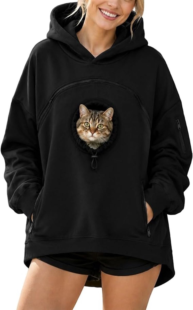 Hoodie voor huisdieren - met zakken - zwart - 1 stuk - maat L - fleecegevoerd - geschikt voor dagelijks gebruik en uitstapjes