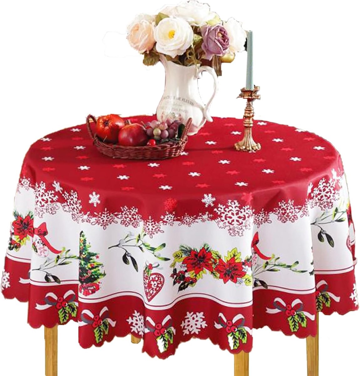 HisKes Kerst tafelkleed rond – Kerst tafelkleed 150 cm - Winterkersttafelkleed – Kerstdecoratie – Herbruikbaar – Geschikt voor de winter, feestdagen en decoratie van de keuken/eetkamer - B
