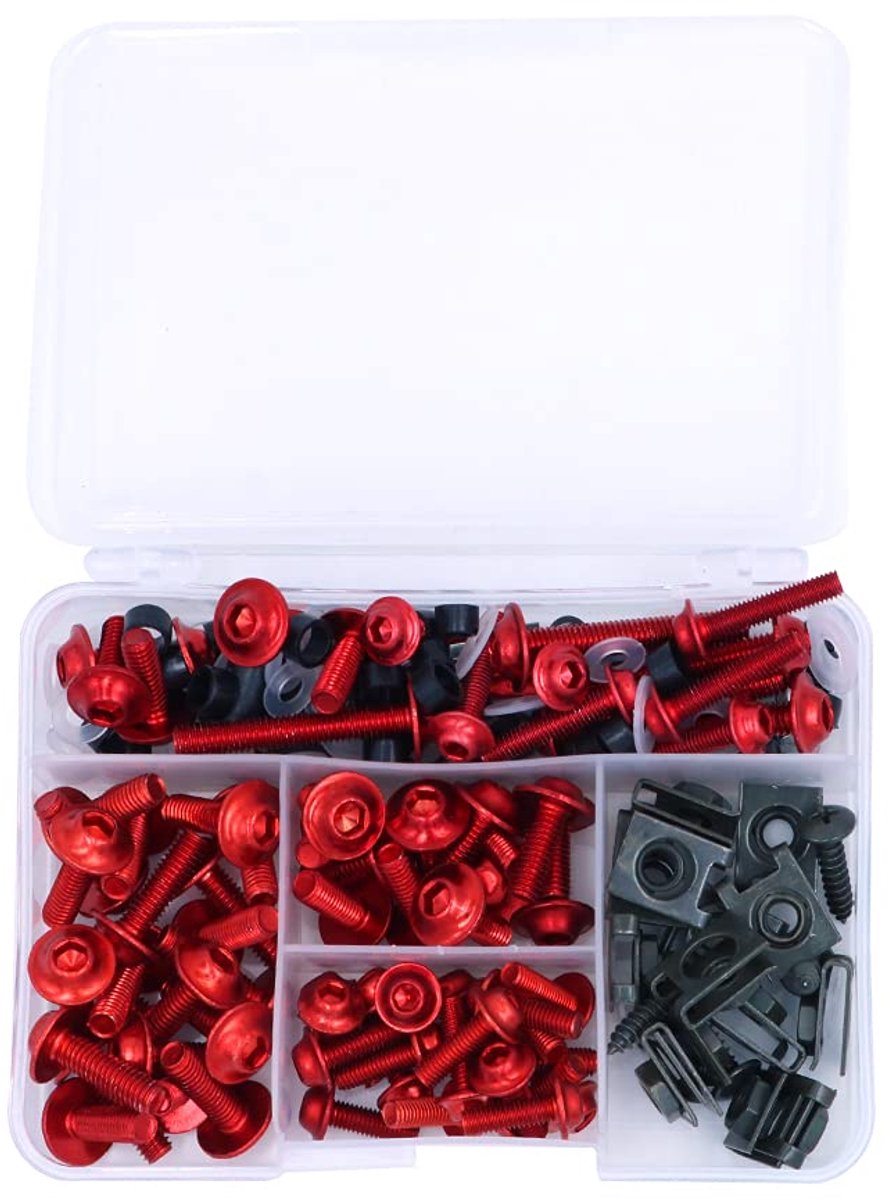 Complete Fairing Bolts Kit voor Motoren - 177 Stuks Bevestigingsmiddelen, Schroeven en Moeren in Rood, Geschikt voor Sportbike en Custom Motoren