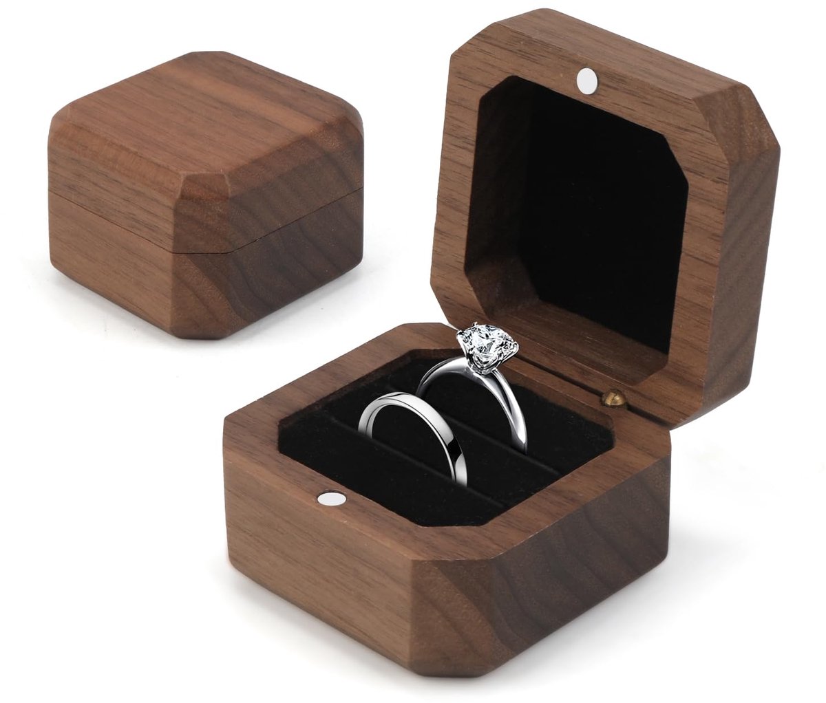 MUCOOS Ringdoos voor bruiloft, 2 ringen, hout, verlovingsdoos met zwart fluweel, ringkussen, bruiloft, ringdoos met - ShopVlot