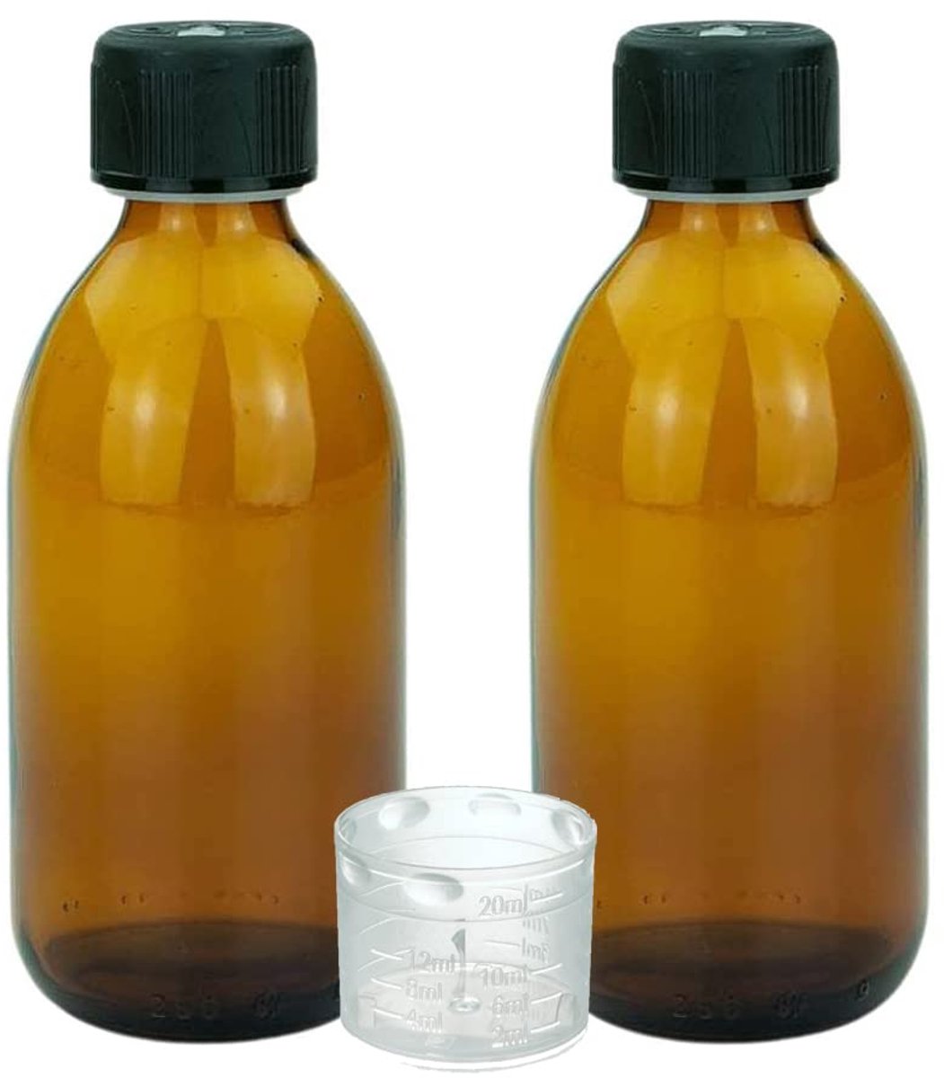 Devitre 2 bruine glazen flessen 250 ml met deksel maatbeker en etiketten - ShopVlot