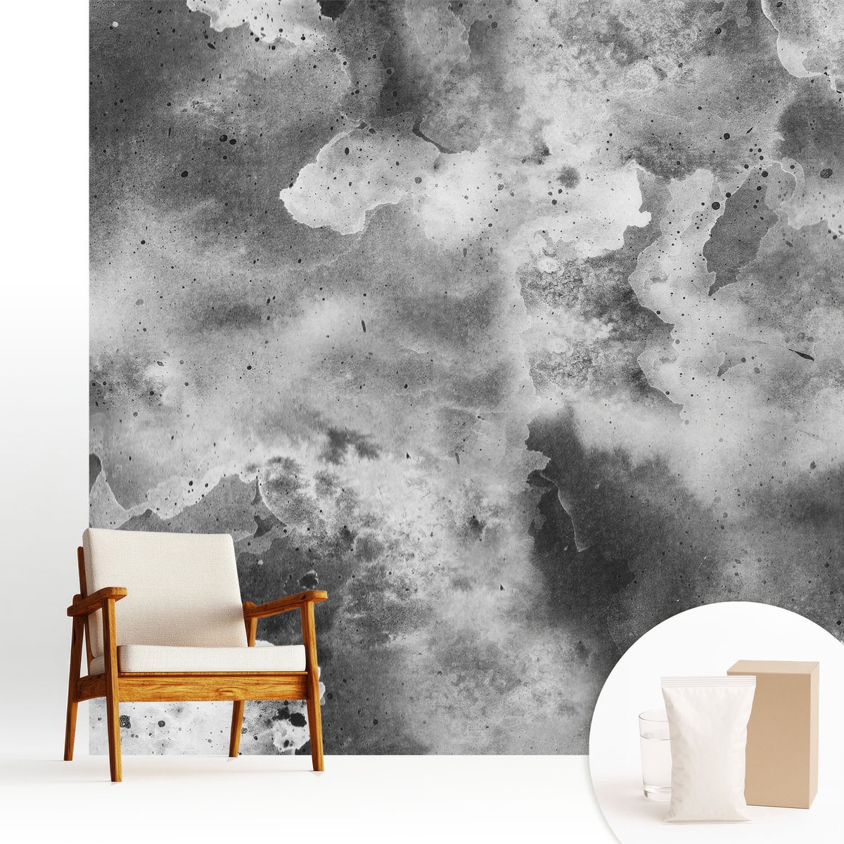 Wallfluent Fotobehang - Zwart-Wit Vliesbehang - 250x250 cm - Grijze Wolken Fotobehang Vlies - Woonkamer behang Abstractie - Muurschildering - Hal behang