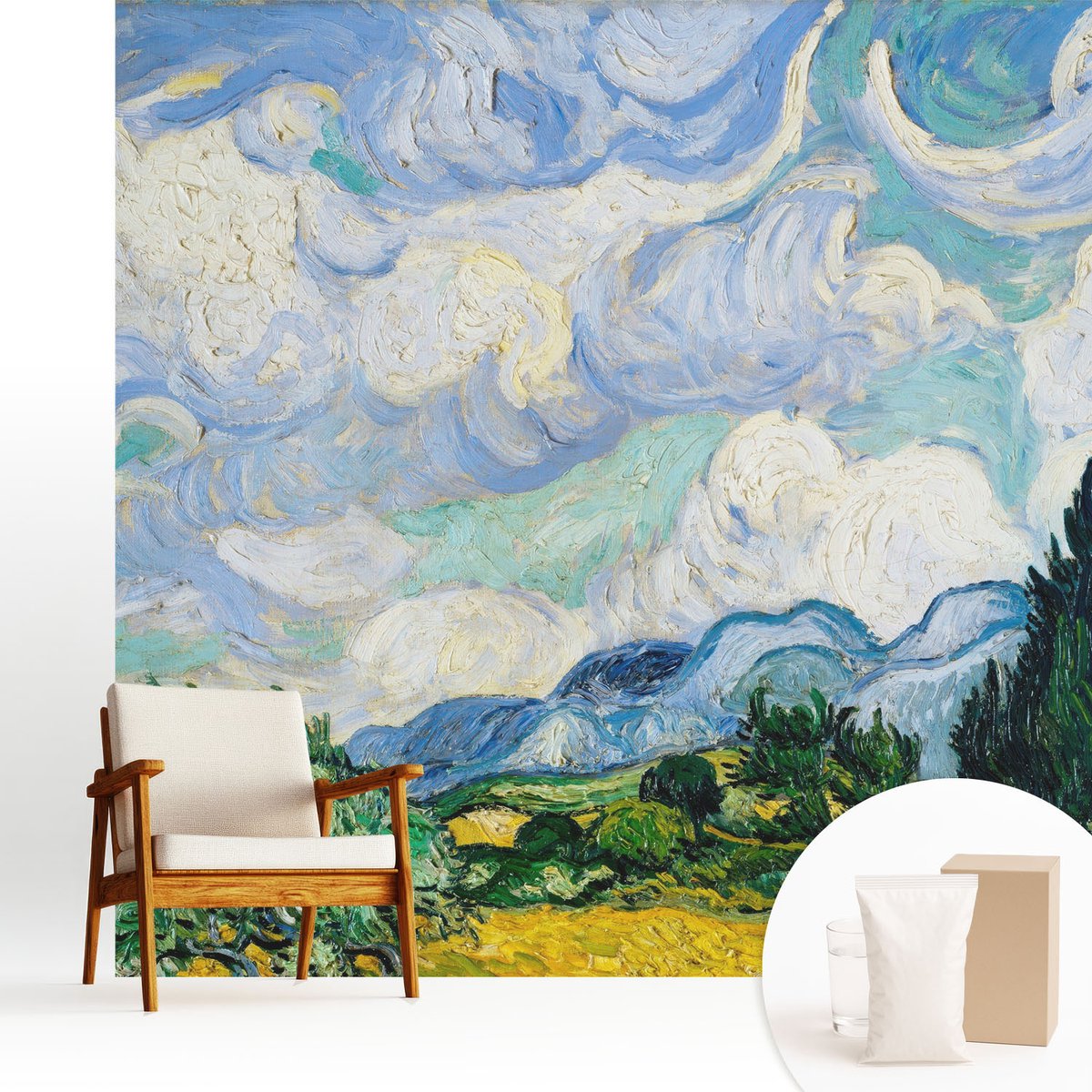 Wallfluent Fotobehang - Blauw Vliesbehang - 250x250 cm - Expressieve Wolken Muurschildering - Slaapkamer behang Deel - Fotobehang Vlies - Slaapkamer behang