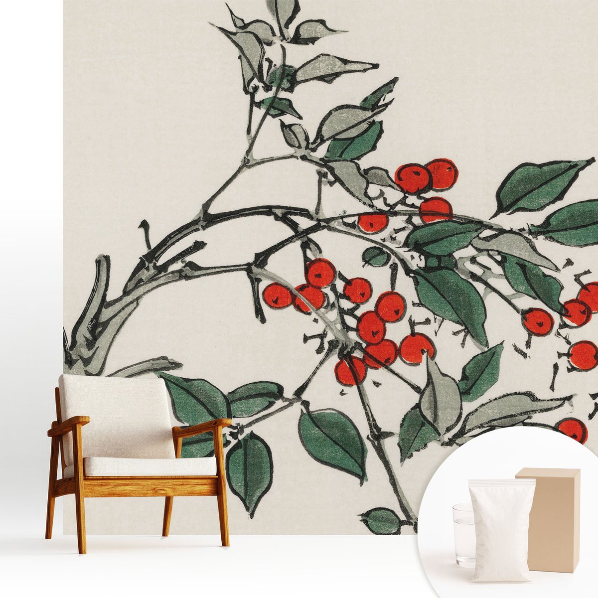 Wallfluent Fotobehang - Zwart Vliesbehang - 250x250 cm - Een Takje Bessen Muurschildering - Slaapkamer behang Bloemen En Planten - Fotobehang Vlies - Gang behang