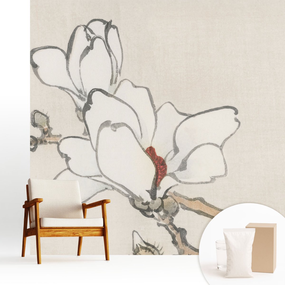 Wallfluent Fotobehang - Wit Vliesbehang - 250x250 cm - Delicate Magnolia'S Muurschildering - Gang behang Bloemen En Planten - Fotobehang Vlies - Gang behang
