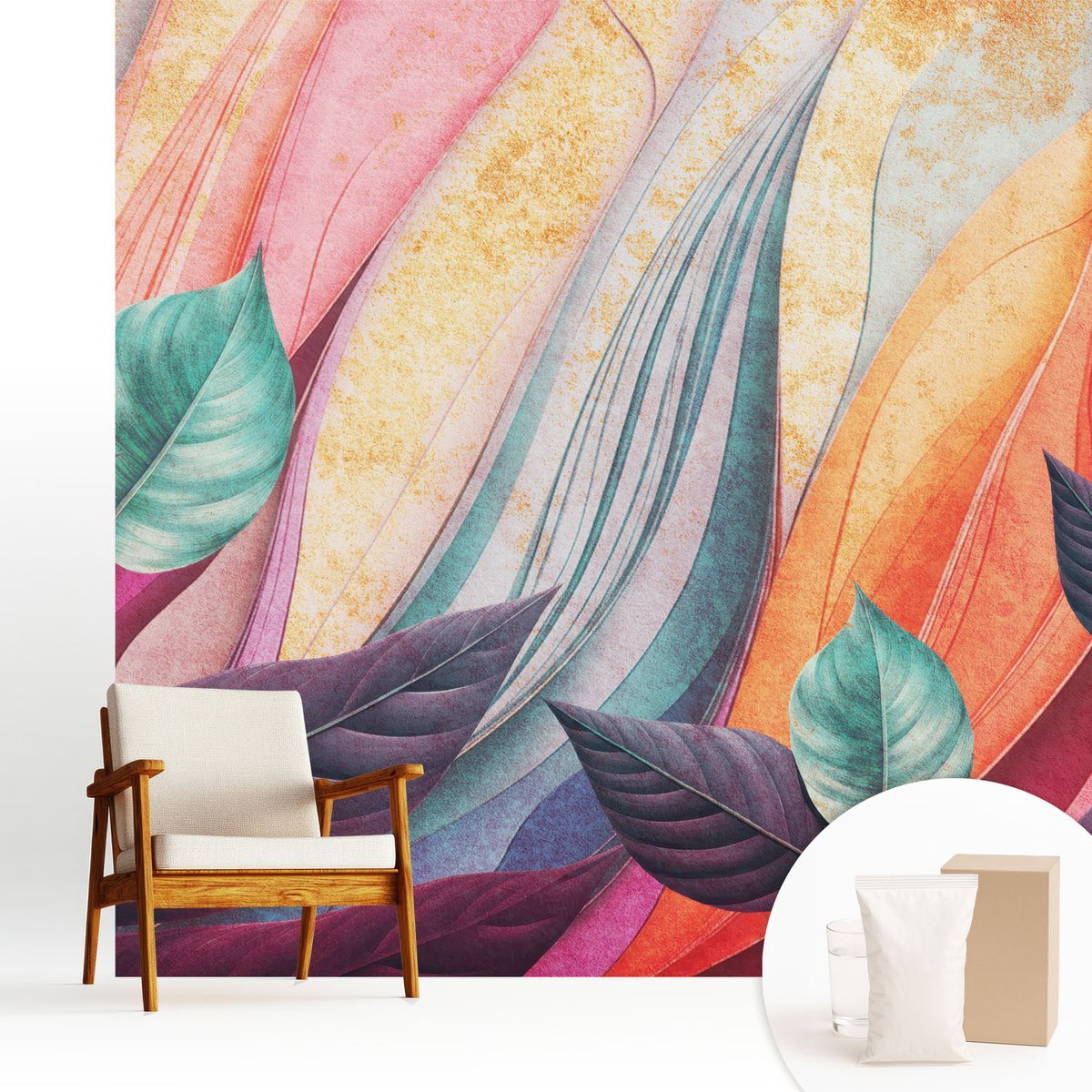 Wallfluent Fotobehang - Paars Vliesbehang - 250x250 cm - Abstracte Bladeren Fotobehang Vlies - Woonkamer behang Bloemen En Planten - Muurschildering - Woonkamer behang