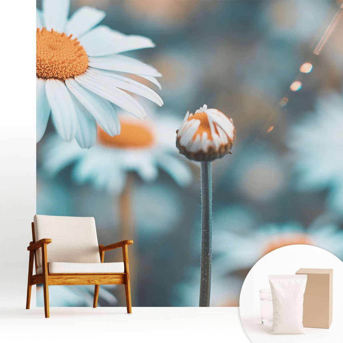 Wallfluent Fotobehang - Blauw Vliesbehang - 250x250 cm - Kamille Delicatesse Fotobehang Vlies - Woonkamer behang Bloemen En Planten - Muurschildering - Woonkamer behang