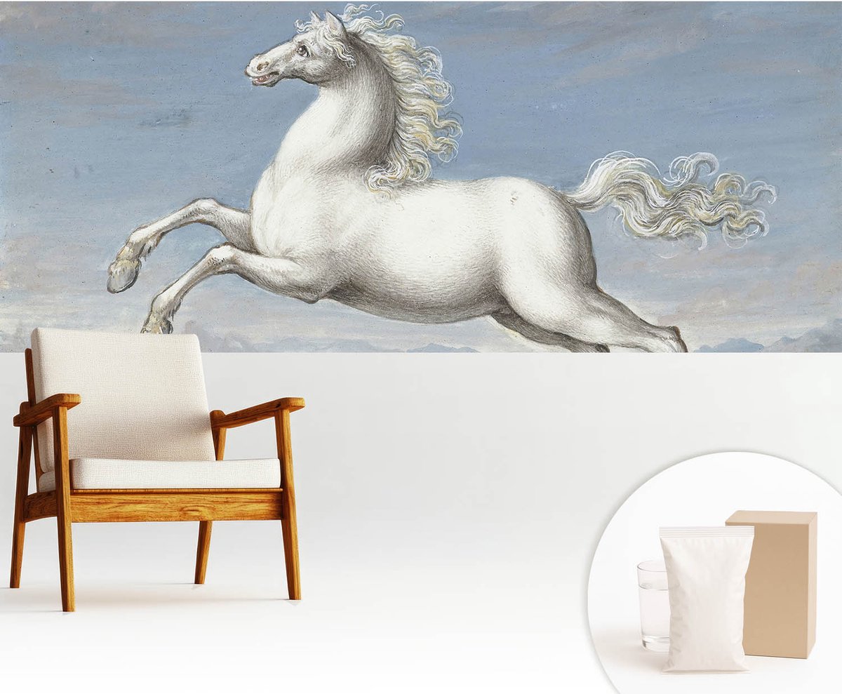 Wallfluent Fotobehang - Wit Vliesbehang - 250x104 cm - Paarden In De Hindernis Fotobehang Vlies - Woonkamer behang Dieren - Muurschildering - Hal behang