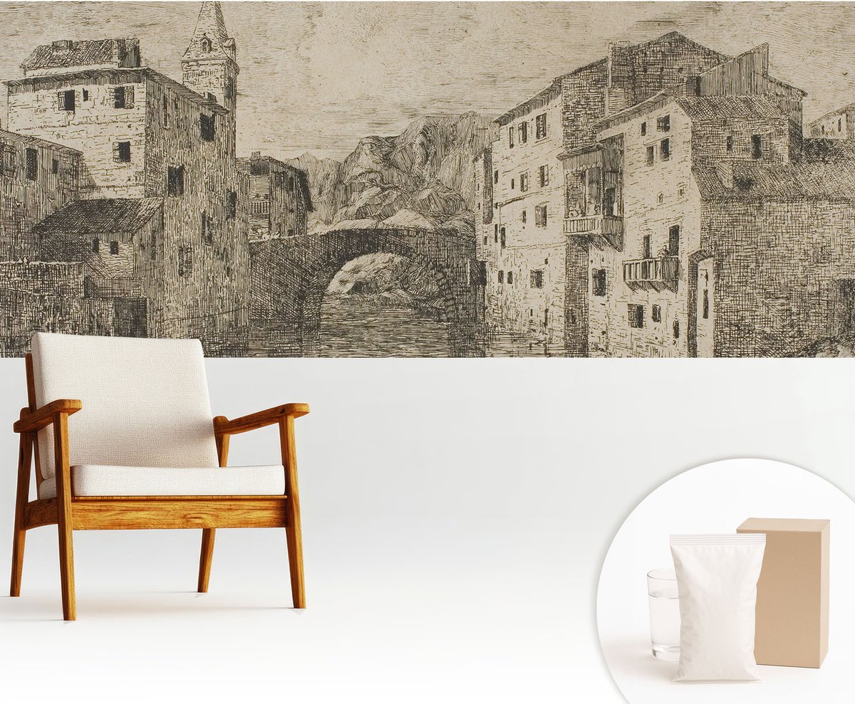Wallfluent Fotobehang - Grijs Vliesbehang - 250x104 cm - Stadspanorama Fotobehang Vlies - Woonkamer behang Architectuur - Muurschildering - Woonkamer behang