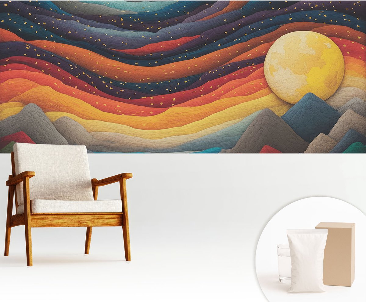 Wallfluent Fotobehang - Oranje Vliesbehang - 250x104 cm - Kleurrijke Bergen Fotobehang Vlies - Hal behang Abstractie - Muurschildering - Woonkamer behang