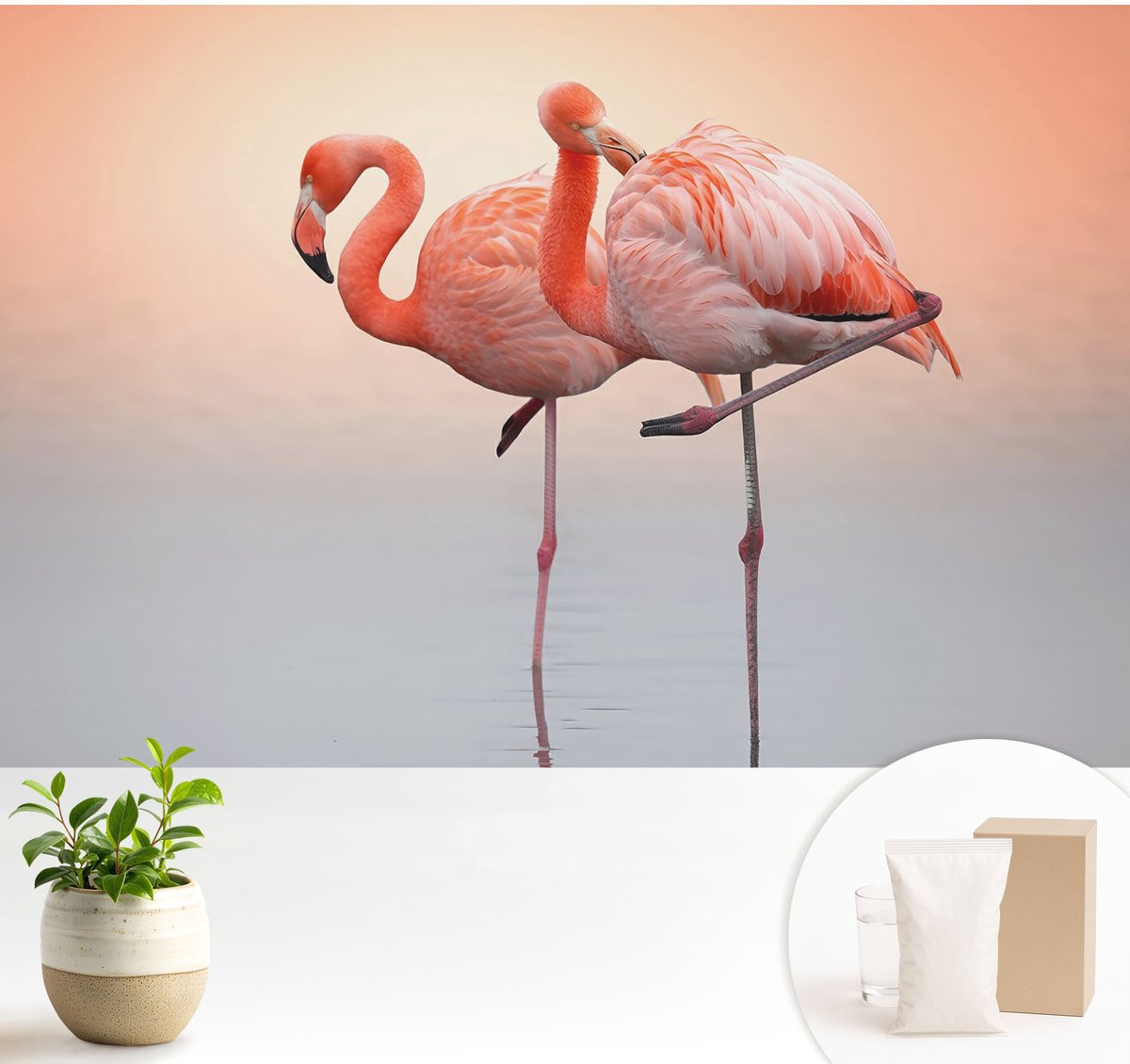 Wallfluent Fotobehang - Oranje Vliesbehang - 104x70 cm - Delicate Flamingo'S Fotobehang Vlies - Woonkamer behang Dieren - Muurschildering - Hal behang