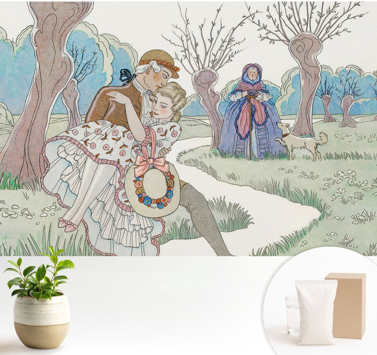 Wallfluent Fotobehang - Wit Vliesbehang - 104x70 cm - Romantische Scène Muurschildering - Slaapkamer behang Deel - Fotobehang Vlies - Slaapkamer behang
