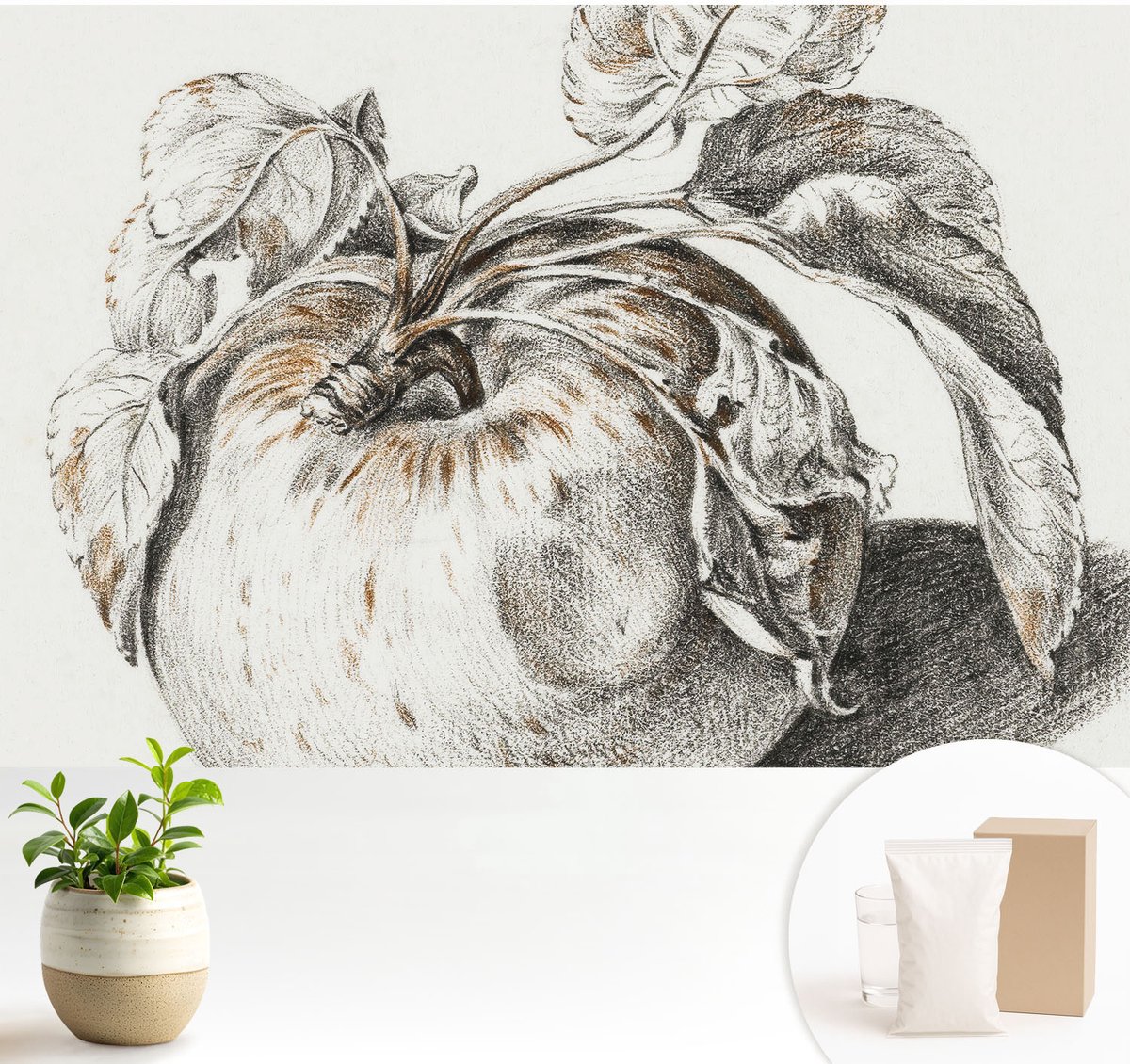 Wallfluent Fotobehang - Grijs Vliesbehang - 104x70 cm - Appelbladeren Muurschildering - Gang behang Deel - Fotobehang Vlies - Gang behang