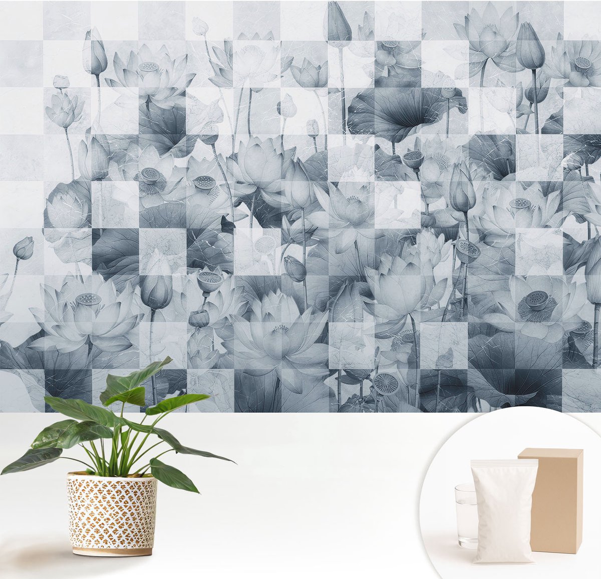 Wallfluent Fotobehang - Blauw Vliesbehang - 152x104 cm - Lotusbloemen Muurschildering - Gang behang Texturen - Fotobehang Vlies - Slaapkamer behang