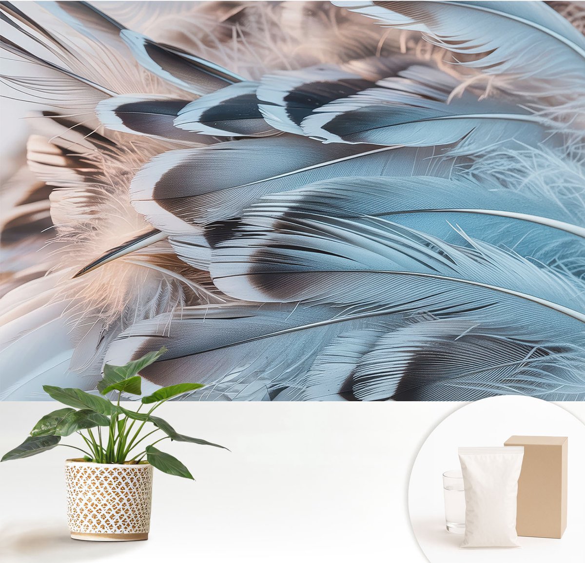 Wallfluent Fotobehang - Wit Vliesbehang - 152x104 cm - Blauwe Veren Muurschildering - Slaapkamer behang Texturen - Fotobehang Vlies - Slaapkamer behang
