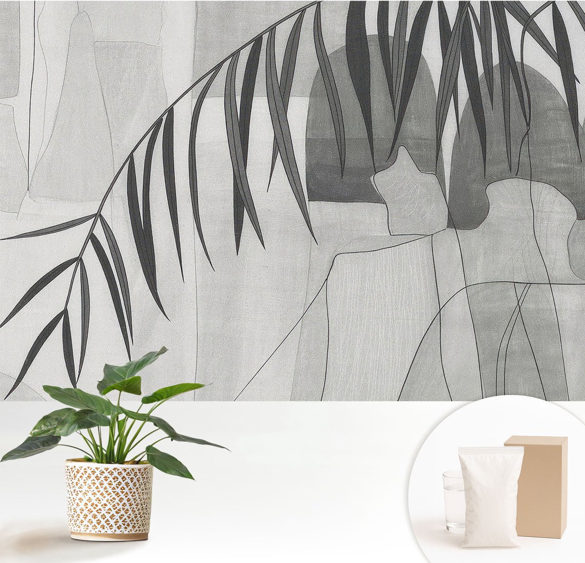 Wallfluent Fotobehang - Wit Vliesbehang - 152x104 cm - Abstracte Palmboom Fotobehang Vlies - Woonkamer behang Abstractie - Muurschildering - Hal behang