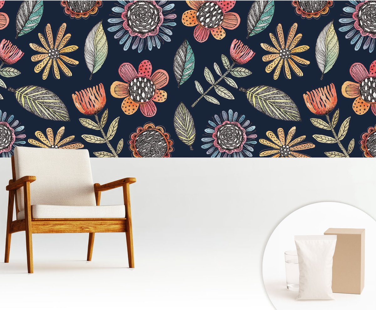 Wallfluent Fotobehang - Marine Vliesbehang - 250x104 cm - Bloemenmozaïek Muurschildering - Slaapkamer behang Bloemen En Planten - Fotobehang Vlies - Gang behang