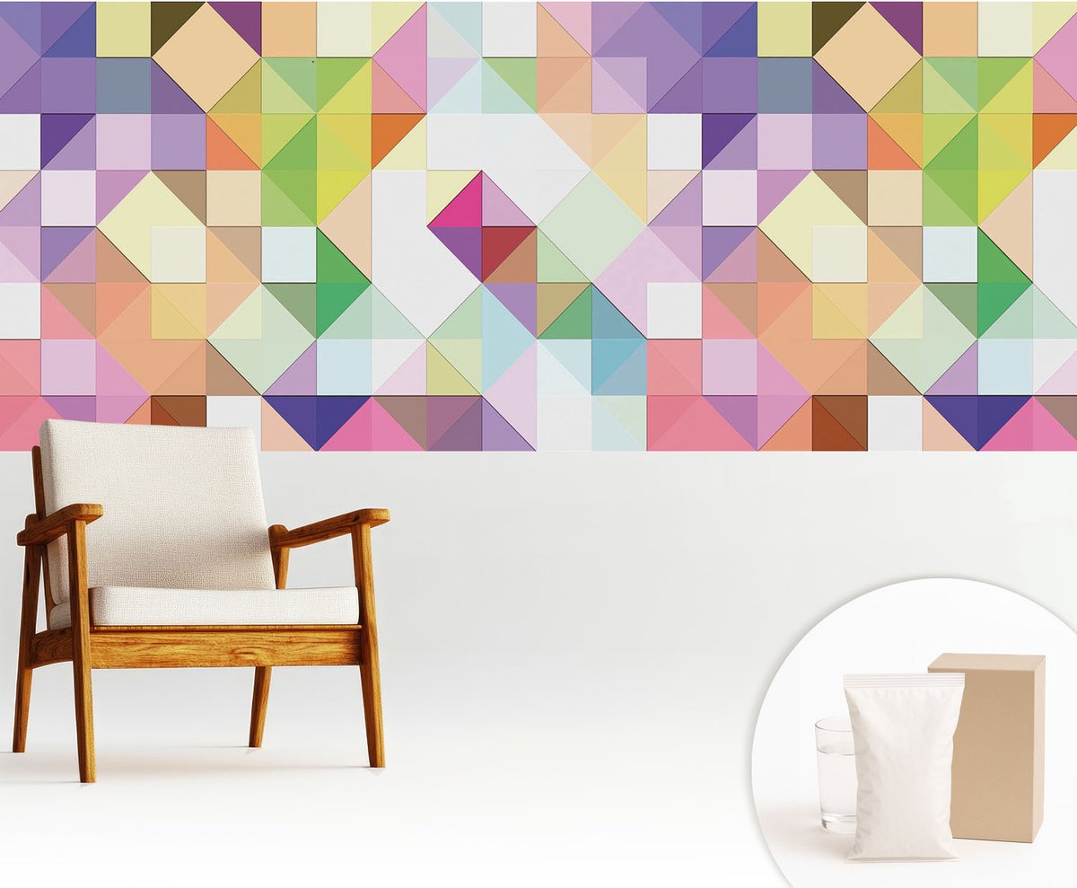 Wallfluent Fotobehang - Paars Vliesbehang - 250x104 cm - Kleurrijke Vormen Fotobehang Vlies - Hal behang Geometrie - Muurschildering - Woonkamer behang