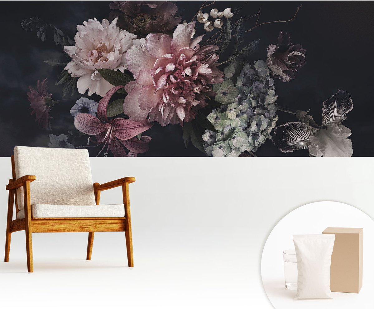 Wallfluent Fotobehang - Zwart Vliesbehang - 250x104 cm - Bloemarrangement Muurschildering - Gang behang Bloemen En Planten - Fotobehang Vlies - Gang behang