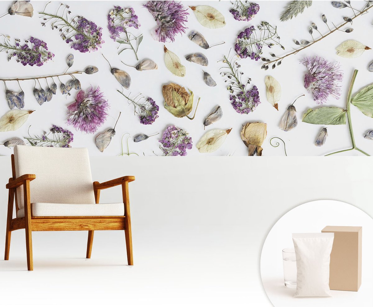 Wallfluent Fotobehang - Wit Vliesbehang - 250x104 cm - Gedroogde Bloemen Muurschildering - Slaapkamer behang Bloemen En Planten - Fotobehang Vlies - Slaapkamer behang