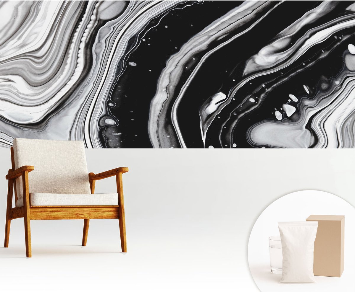 Wallfluent Fotobehang - Zwart-Wit Vliesbehang - 250x104 cm - Monochromatische Golven Muurschildering - Gang behang Abstractie - Fotobehang Vlies - Slaapkamer behang