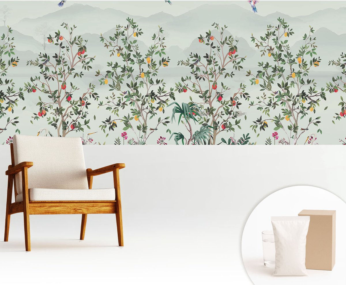 Wallfluent Fotobehang - Grijs Vliesbehang - 250x104 cm - Exotische Bomen Muurschildering - Slaapkamer behang Bloemen En Planten - Fotobehang Vlies - Slaapkamer behang