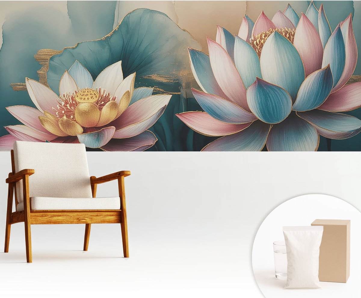Wallfluent Fotobehang - Blauw Vliesbehang - 250x104 cm - Lotusbloemen Van Harmonie Fotobehang Vlies - Woonkamer behang Bloemen En Planten - Muurschildering - Woonkamer behang