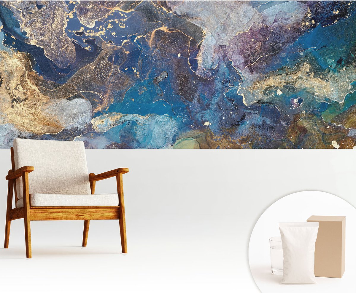 Wallfluent Fotobehang - Blauw Vliesbehang - 250x104 cm - Kosmisch Mozaïek Muurschildering - Slaapkamer behang Abstractie - Fotobehang Vlies - Slaapkamer behang