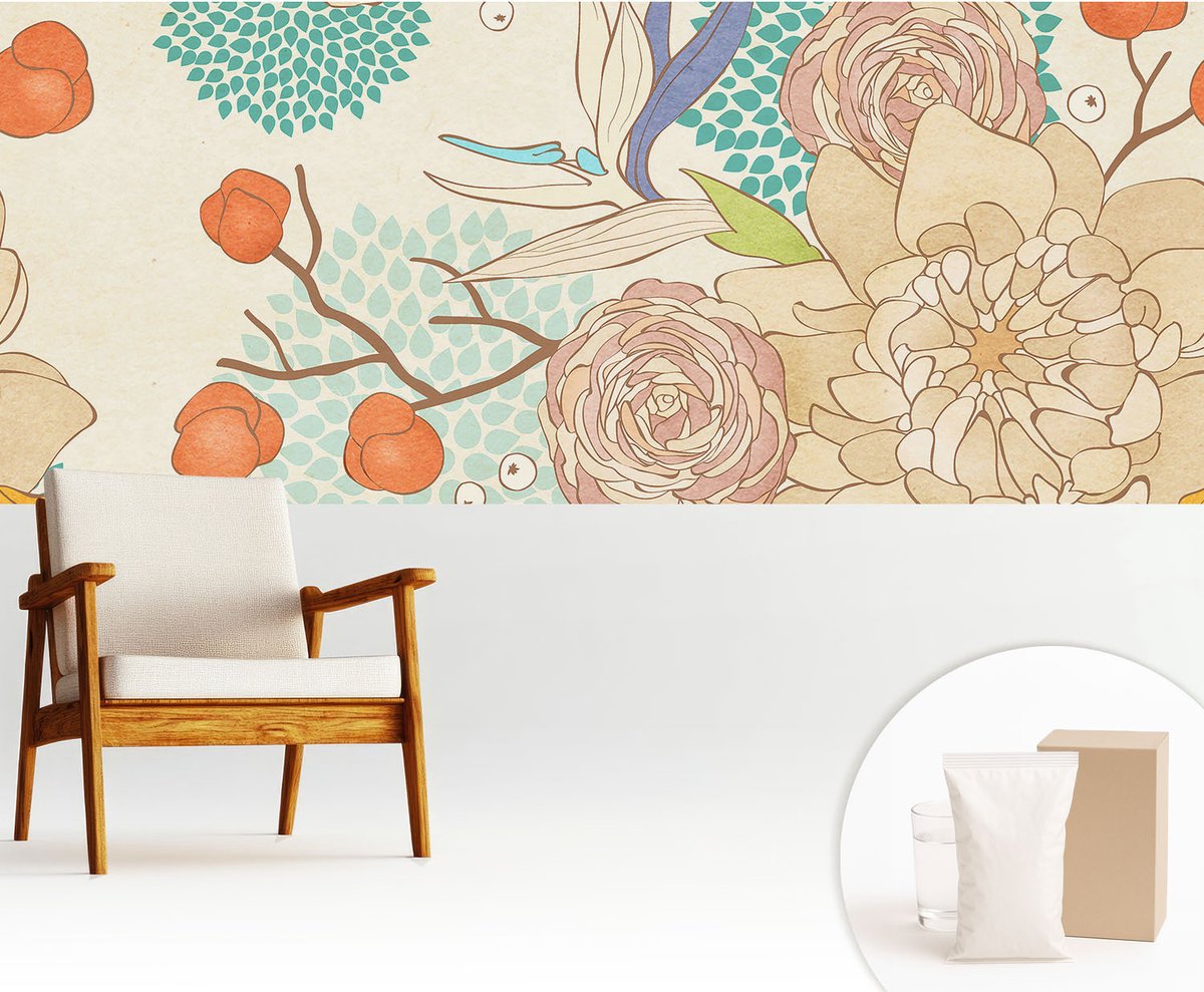 Wallfluent Fotobehang - Wit Vliesbehang - 250x104 cm - Bloemenfantasie Fotobehang Vlies - Woonkamer behang Bloemen En Planten - Muurschildering - Woonkamer behang