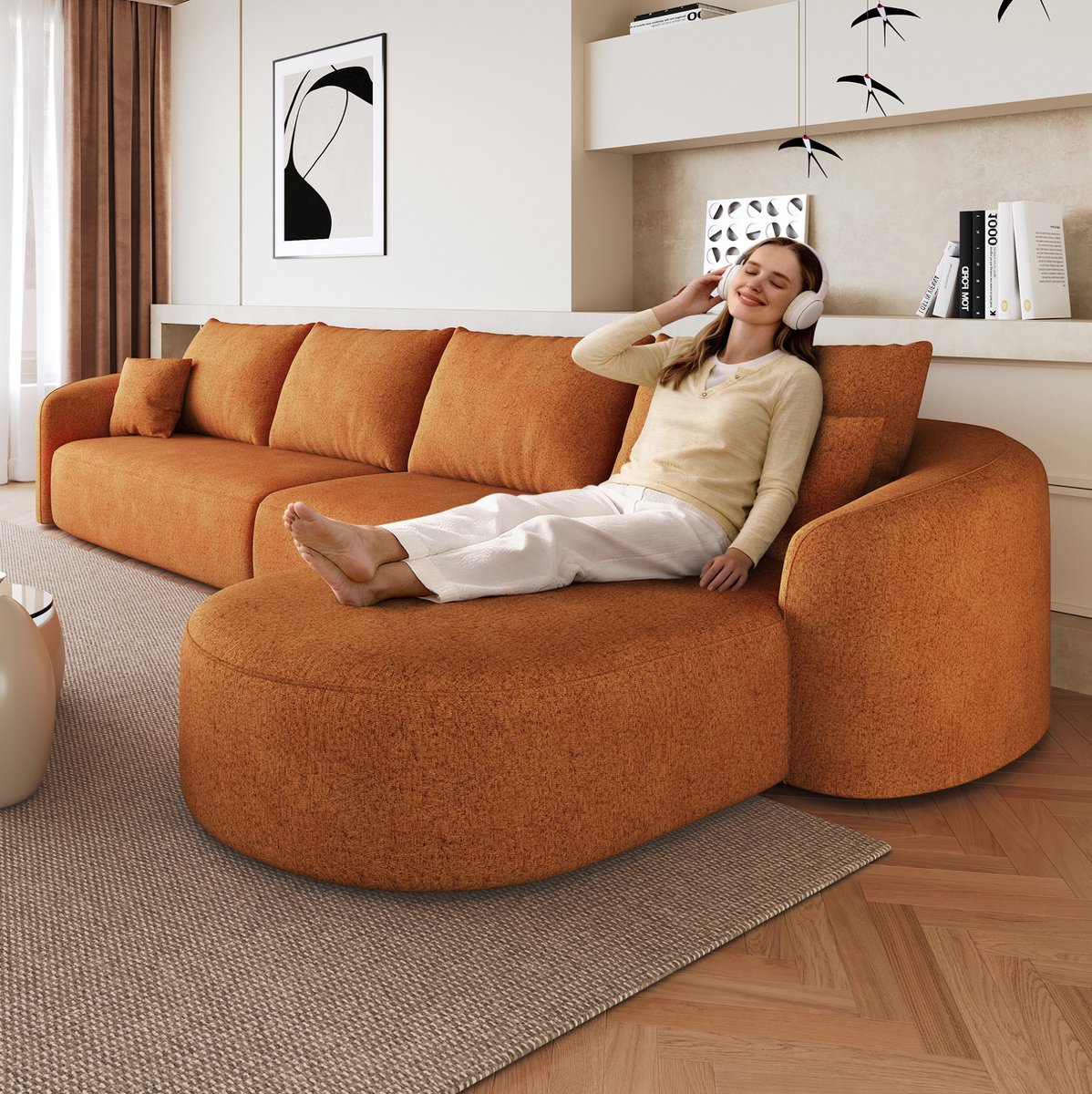 MODENUIT Hoekbank 336 cm - L-Vormig Modulair Zonder Montage - Woonkamer En Slaapkamer - Chenille Oranje
