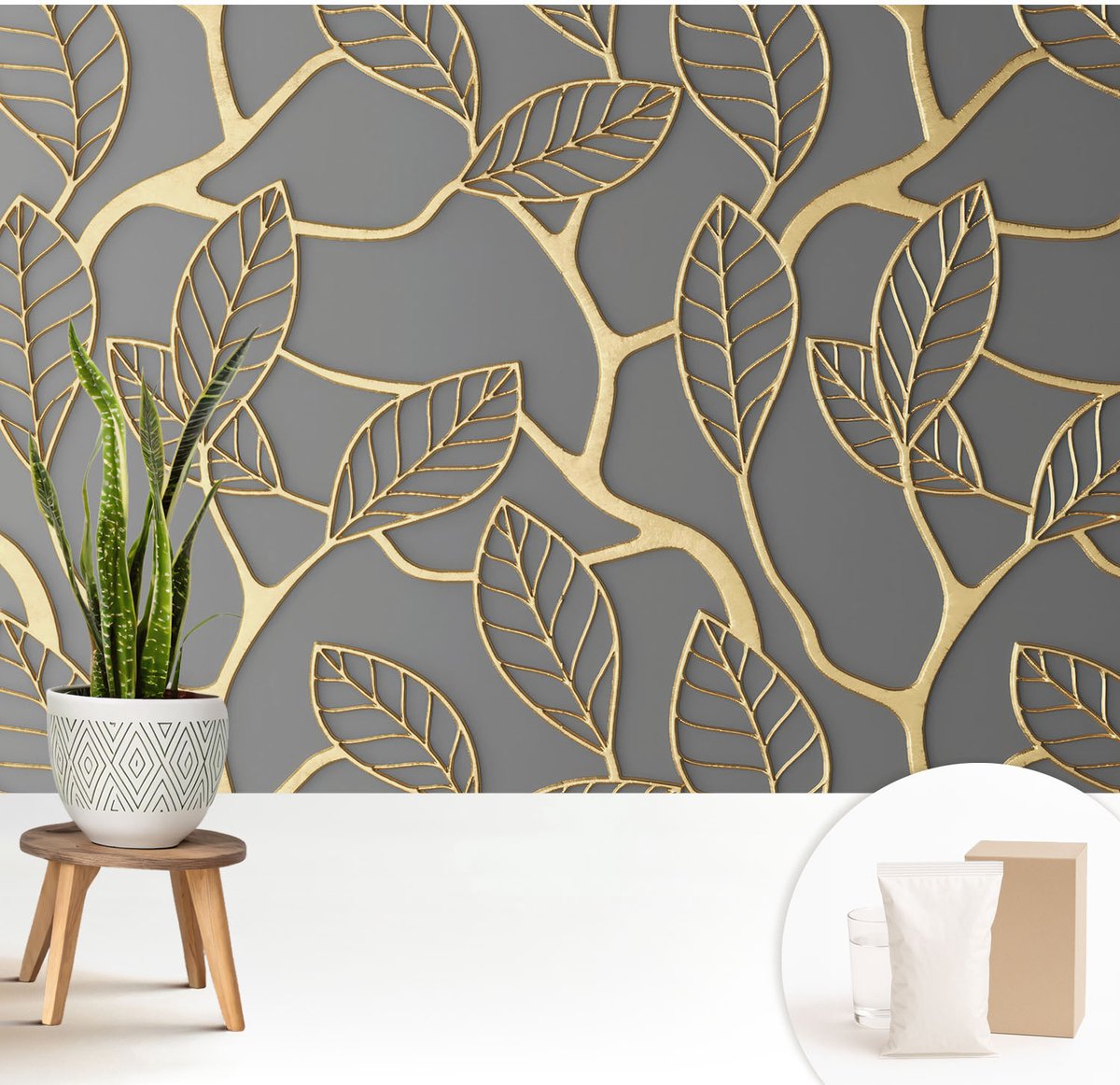 Wallfluent Fotobehang - Grijs Vliesbehang - 208x146 cm - Elegante Bladeren Muurschildering - Gang behang Bloemen En Planten - Fotobehang Vlies - Slaapkamer behang