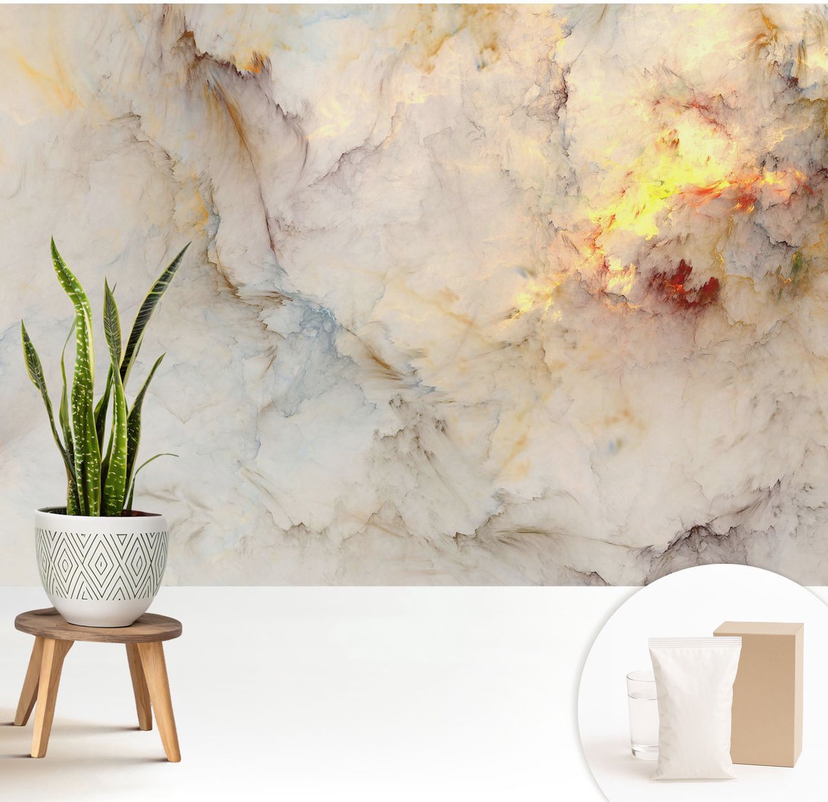 Wallfluent Fotobehang - Wit Vliesbehang - 208x146 cm - Kleurrijk Landschap Muurschildering - Slaapkamer behang Abstractie - Fotobehang Vlies - Slaapkamer behang