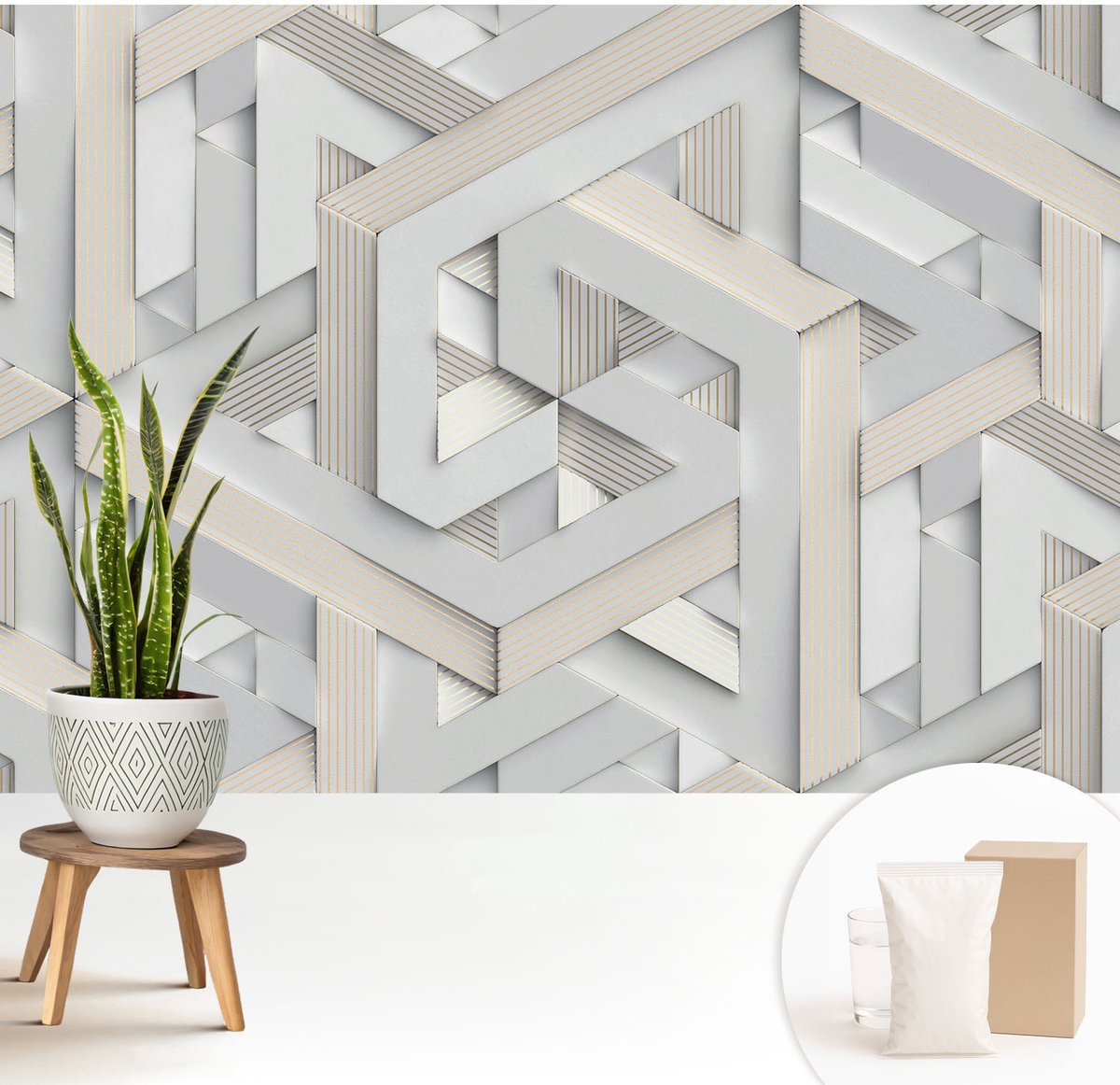 Wallfluent Fotobehang - Wit Vliesbehang - 208x146 cm - Illusoire Vormen Fotobehang Vlies - Woonkamer behang Geometrie - Muurschildering - Woonkamer behang