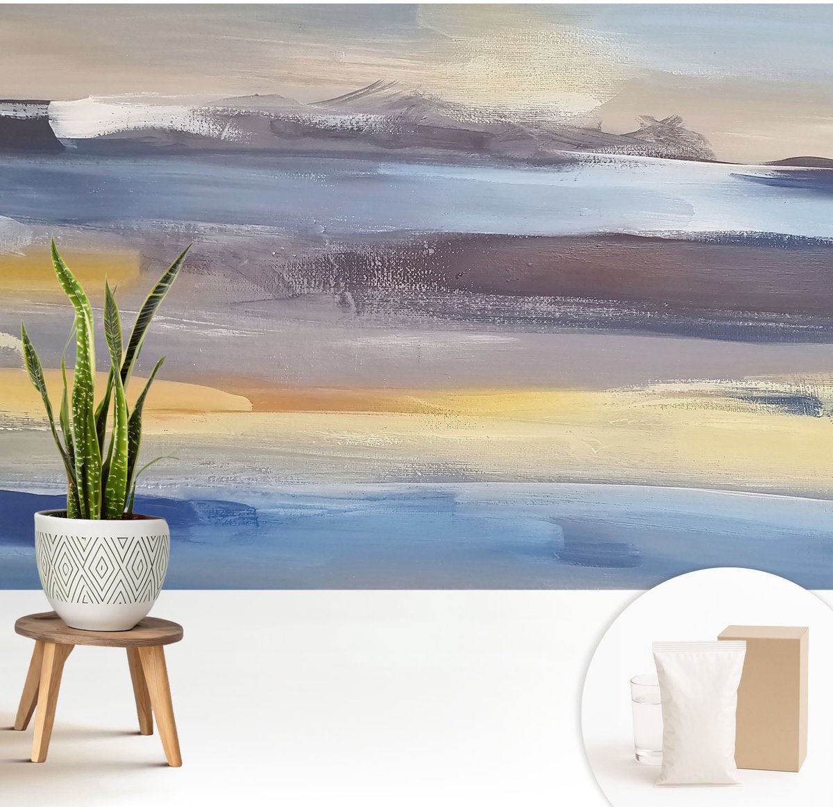 Wallfluent Fotobehang - Blauw Vliesbehang - 208x146 cm - Vreedzaam Landschap Muurschildering - Slaapkamer behang Abstractie - Fotobehang Vlies - Slaapkamer behang