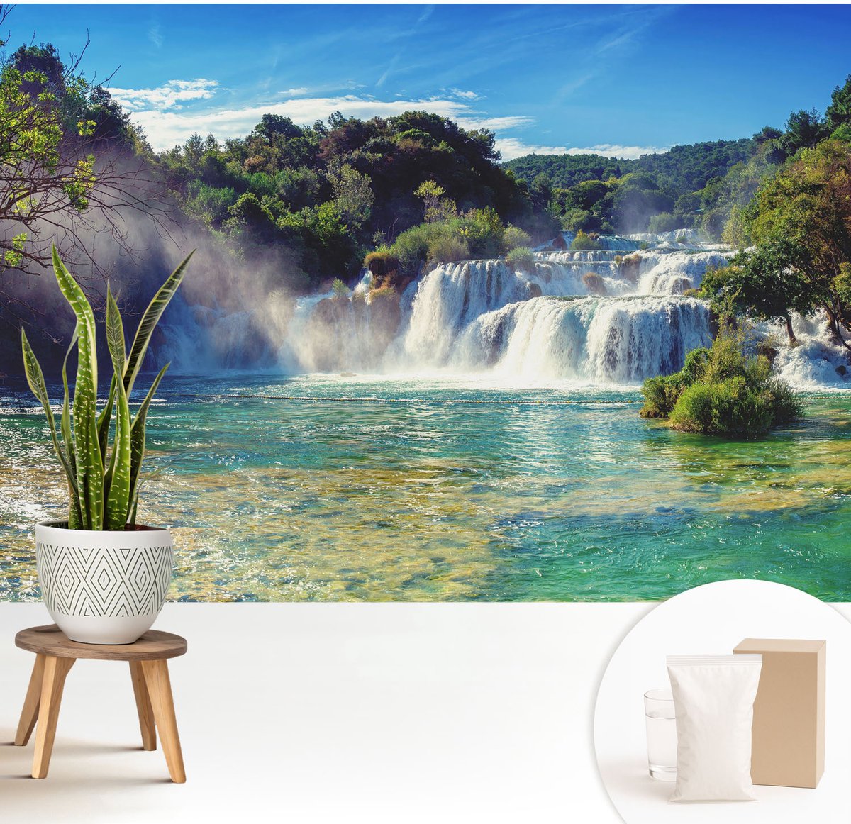 Wallfluent Fotobehang - Blauw Vliesbehang - 208x146 cm - Watervallandschap Muurschildering - Gang behang Landschappen - Fotobehang Vlies - Gang behang