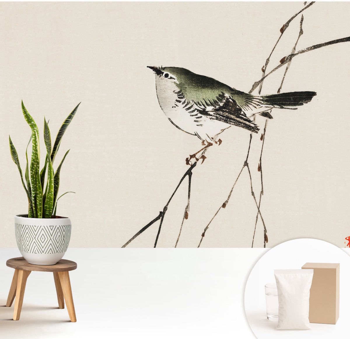 Wallfluent Fotobehang - Wit Vliesbehang - 208x146 cm - Harmonieuze Vogel Fotobehang Vlies - Hal behang Dieren - Muurschildering - Hal behang