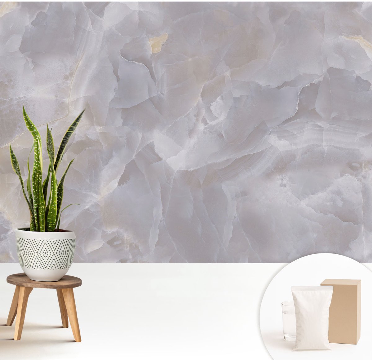 Wallfluent Fotobehang - Wit Vliesbehang - 208x146 cm - Marmergolven Fotobehang Vlies - Woonkamer behang Texturen - Muurschildering - Woonkamer behang