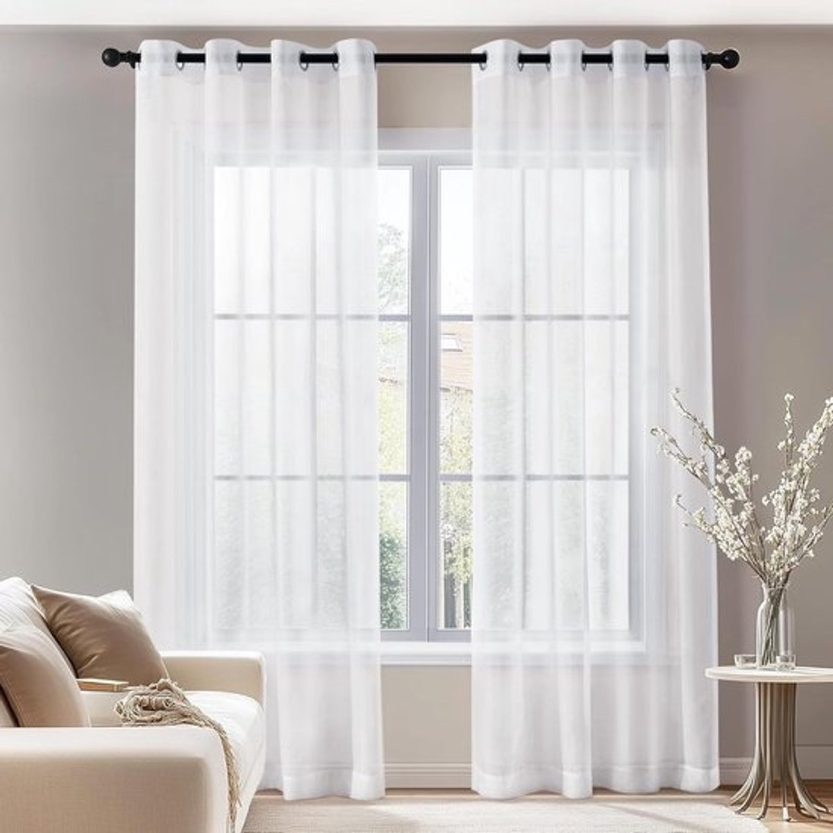 Transparante Gordijnen Set van 2 - Wit, 140 x 290 cm, Luchtdoorlatend Faux Linnen met Ogen