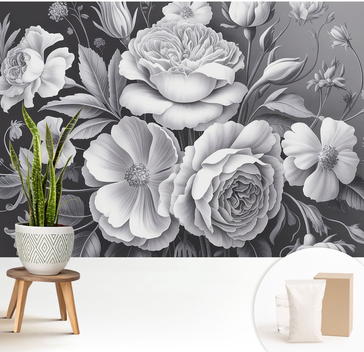 Wallfluent Fotobehang - Zwart Vliesbehang - 208x146 cm - Grijze Bloemen Fotobehang Vlies - Woonkamer behang Bloemen En Planten - Muurschildering - Hal behang