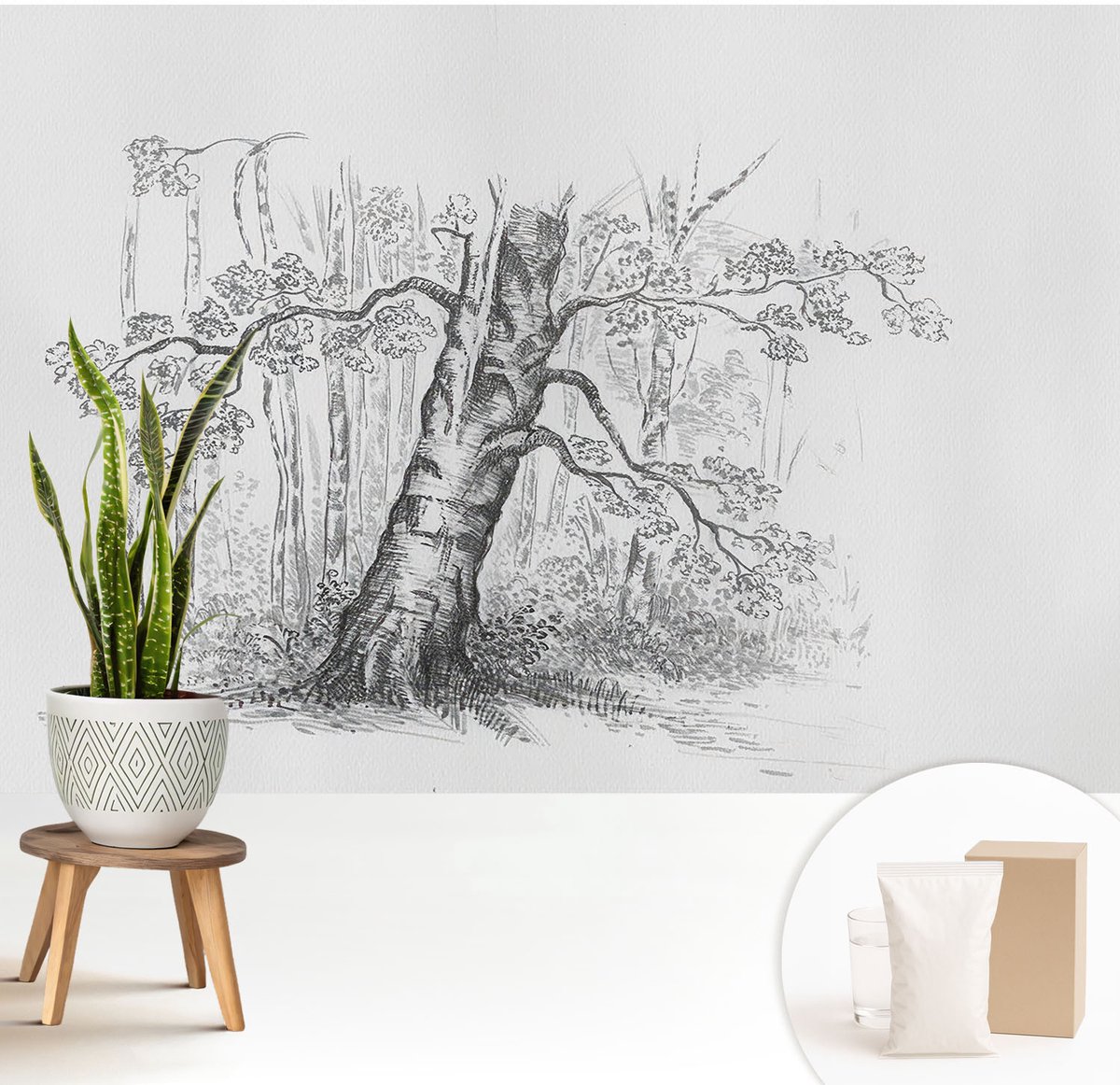 Wallfluent Fotobehang - Zwart-Wit Vliesbehang - 208x146 cm - Bosboom Fotobehang Vlies - Woonkamer behang Bloemen En Planten - Muurschildering - Woonkamer behang