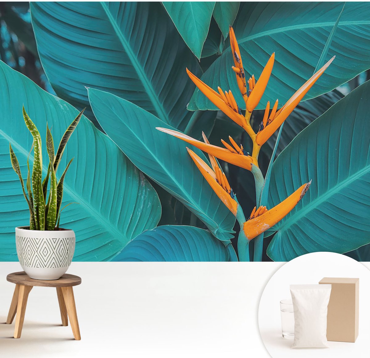 Wallfluent Fotobehang - Oranje Vliesbehang - 208x146 cm - Bladrijke Bloemen Fotobehang Vlies - Woonkamer behang Bloemen En Planten - Muurschildering - Woonkamer behang