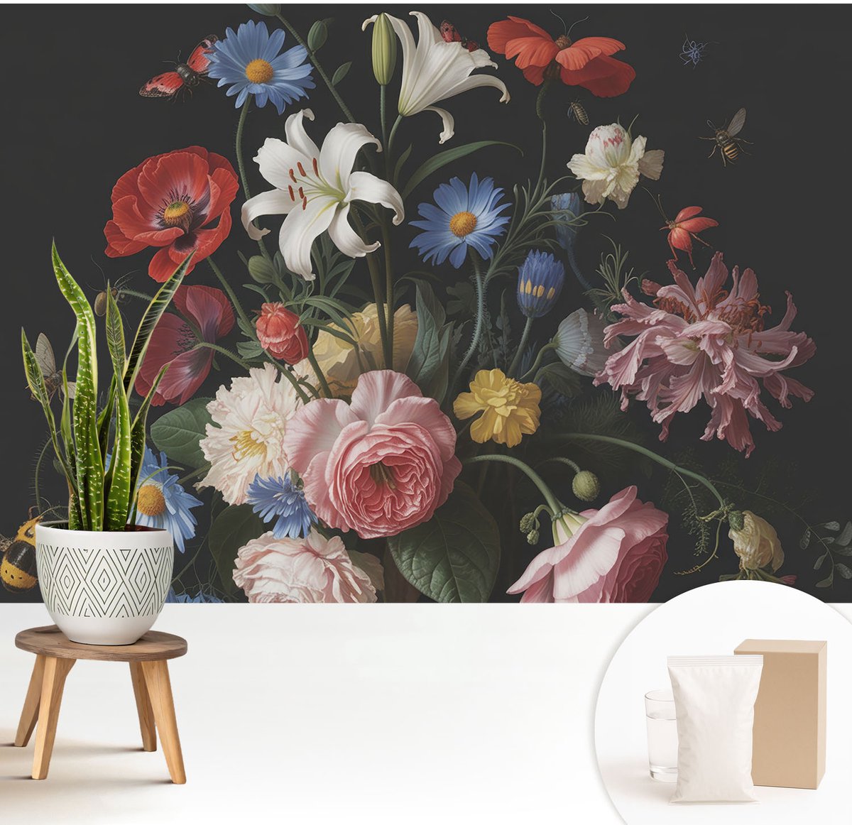 Wallfluent Fotobehang - Zwart Vliesbehang - 208x146 cm - Bloemen Met Insecten Fotobehang Vlies - Hal behang Bloemen En Planten - Muurschildering - Woonkamer behang