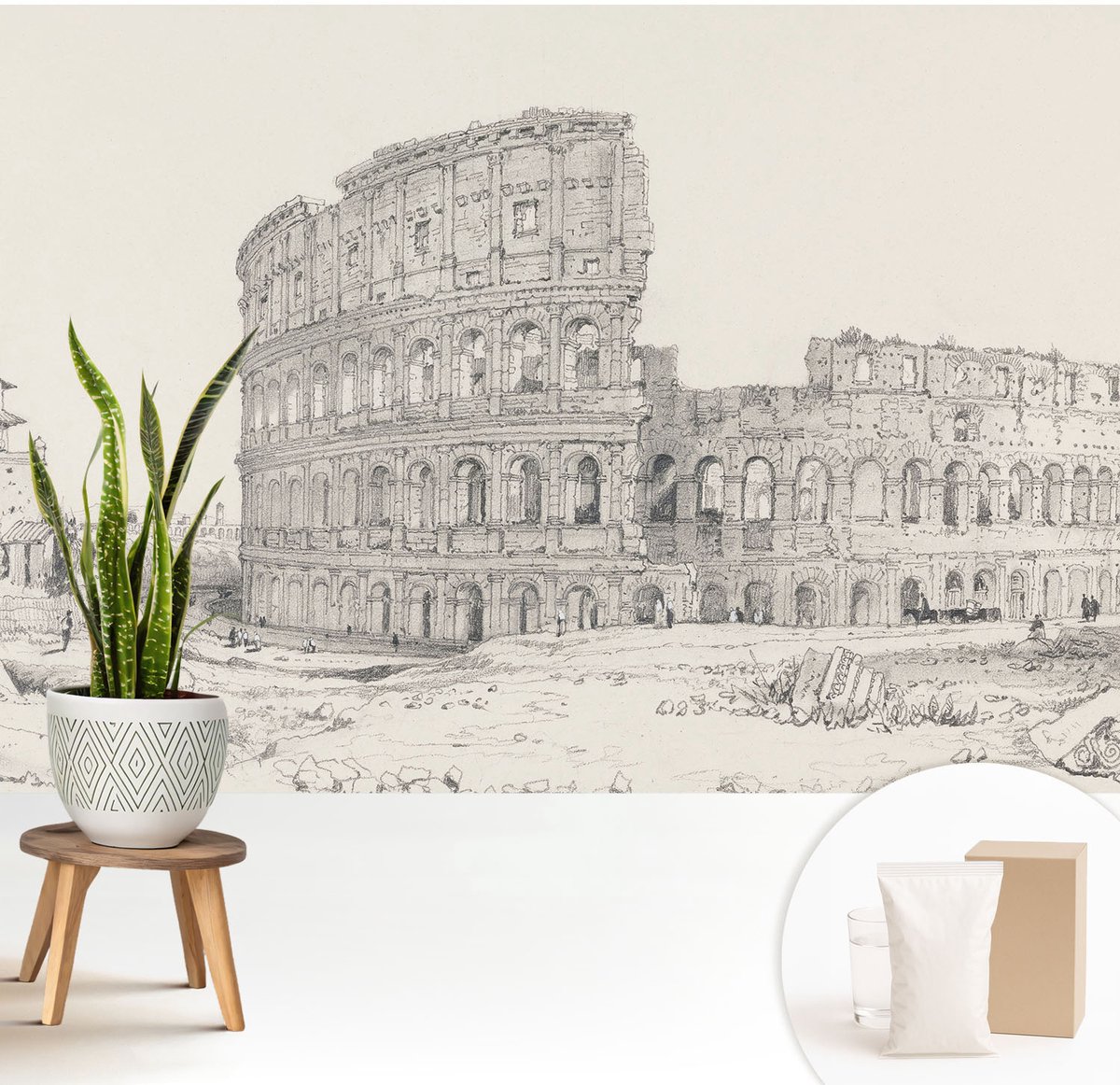 Wallfluent Fotobehang - Zwart-Wit Vliesbehang - 208x146 cm - Oude Ruïnes Muurschildering - Slaapkamer behang Architectuur - Fotobehang Vlies - Slaapkamer behang