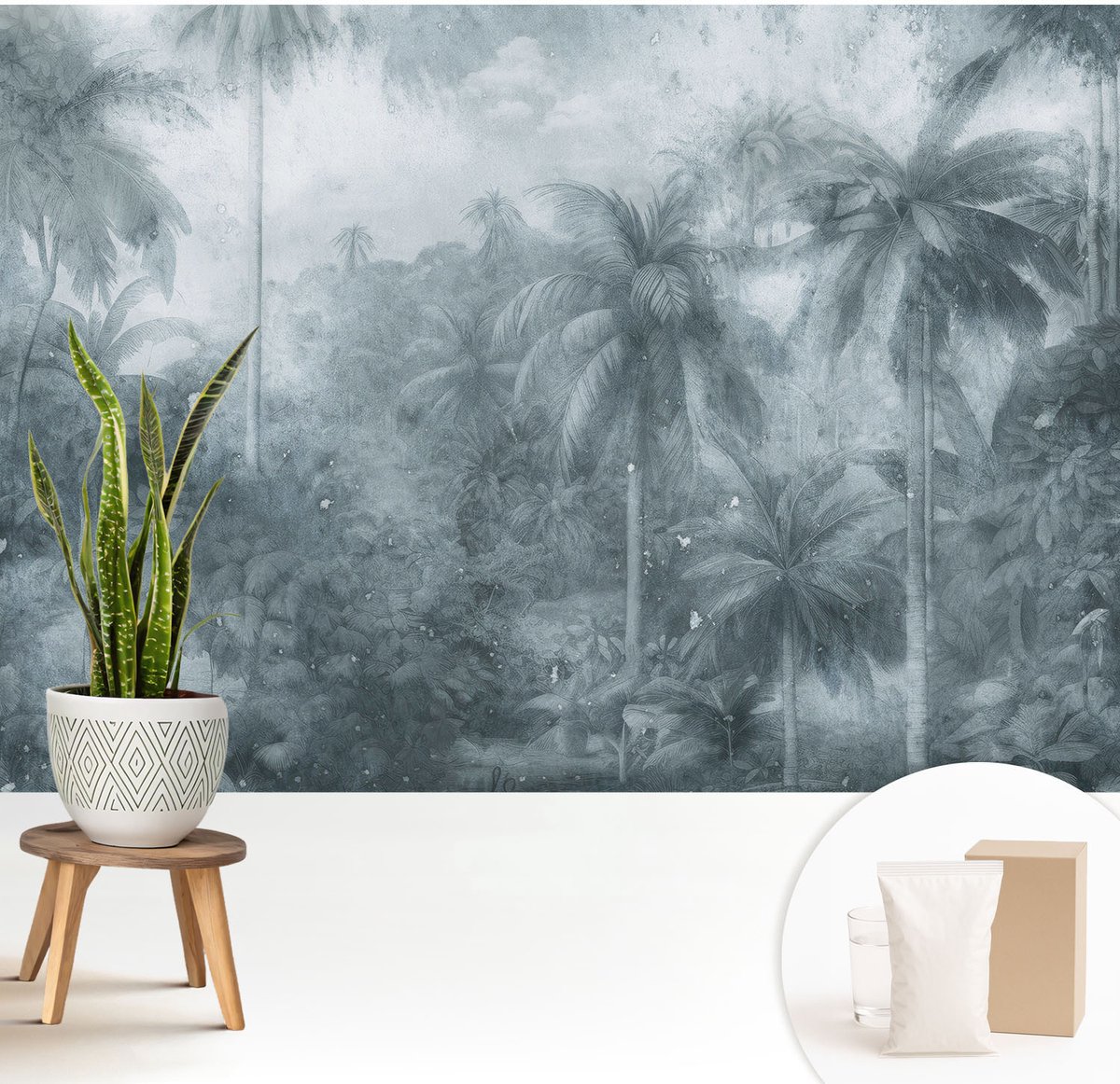 Wallfluent Fotobehang - Grijs Vliesbehang - 208x146 cm - Tropische Vegetatie Muurschildering - Slaapkamer behang Bloemen En Planten - Fotobehang Vlies - Slaapkamer behang