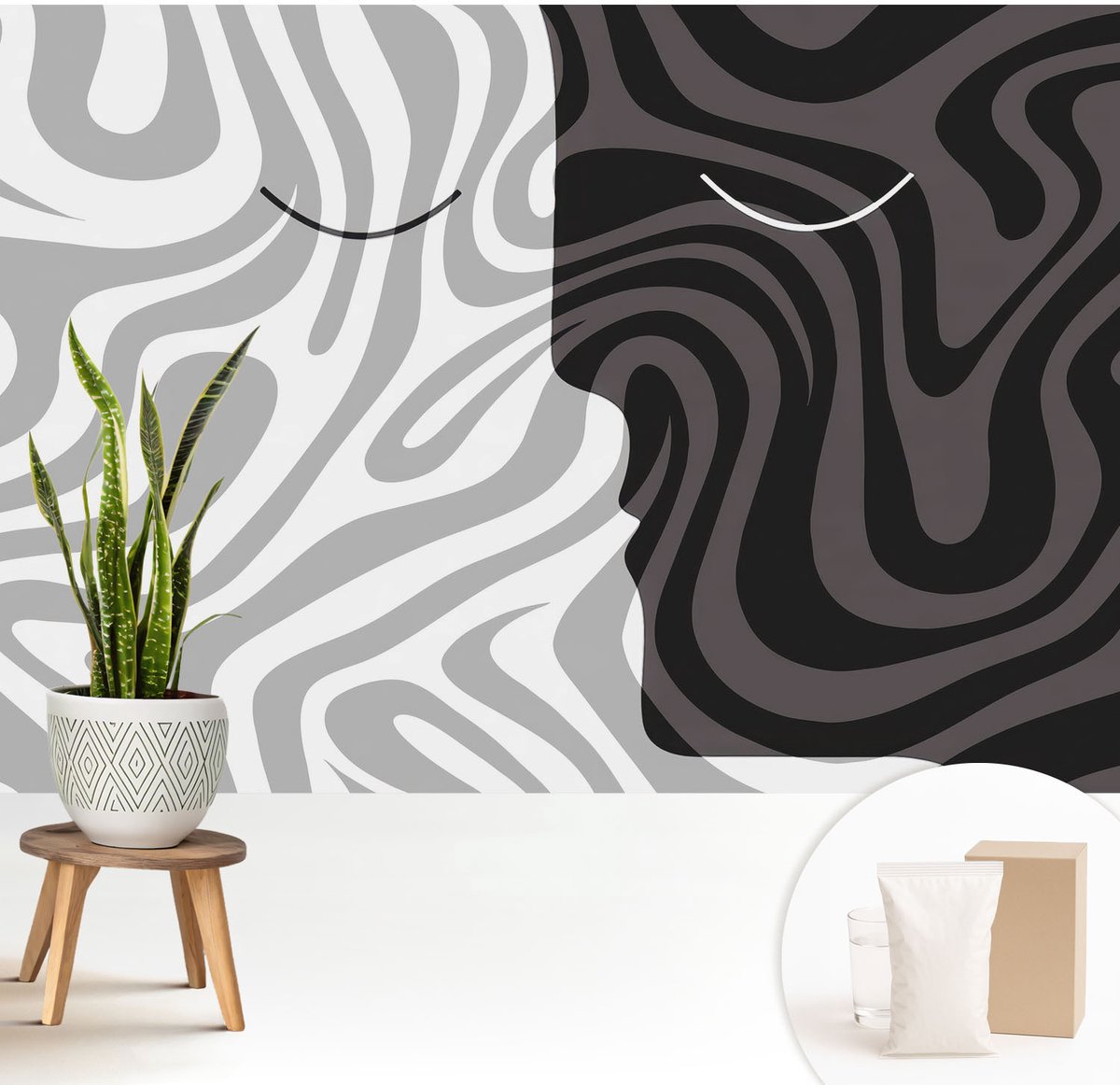 Wallfluent Fotobehang - Grijs Vliesbehang - 208x146 cm - Abstracte Gezichten Fotobehang Vlies - Woonkamer behang Abstractie - Muurschildering - Woonkamer behang