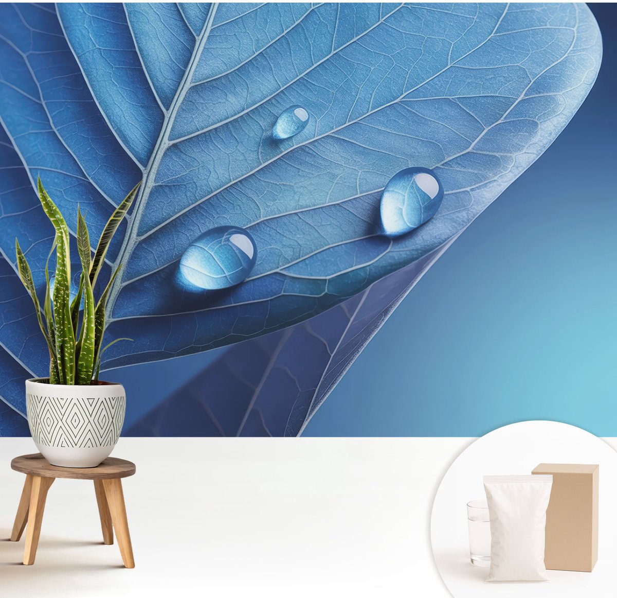 Wallfluent Fotobehang - Blauw Vliesbehang - 208x146 cm - Blauw Blad Muurschildering - Slaapkamer behang Bloemen En Planten - Fotobehang Vlies - Slaapkamer behang