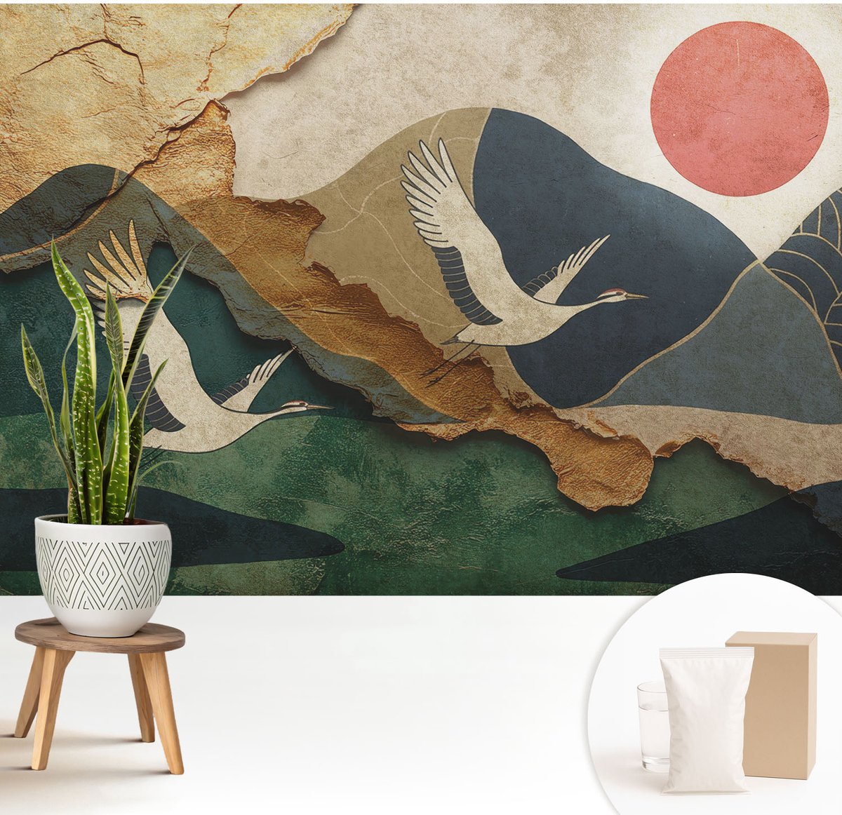 Wallfluent Fotobehang - Groente Vliesbehang - 208x146 cm - Kraanvogels Van Het Oosten Fotobehang Vlies - Woonkamer behang Landschappen - Muurschildering - Hal behang